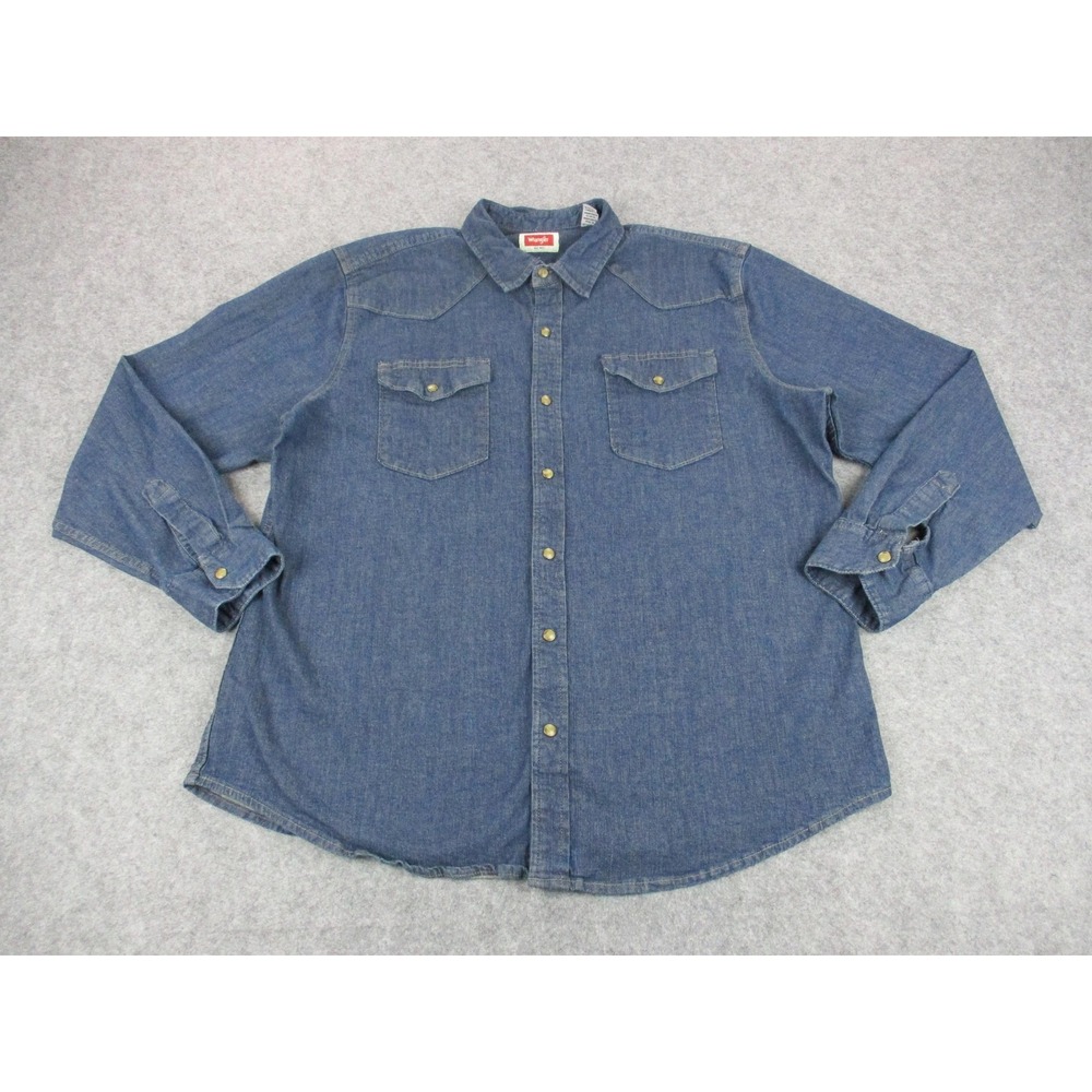 Wrangler Shirt Mens Extra Large Blue Denim Pearl Snap Western Pocket Work Wear